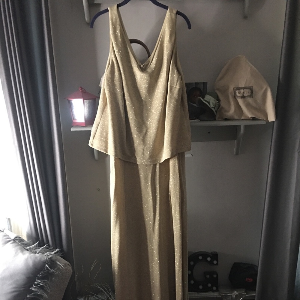 Gold and cream long gown, long sleeve jacket matches polyester stretch wore once